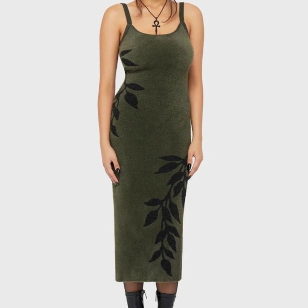 Killstar Grim Ferns Olive Green Fuzzy Knit Midi Dress XXL Goth Botanical